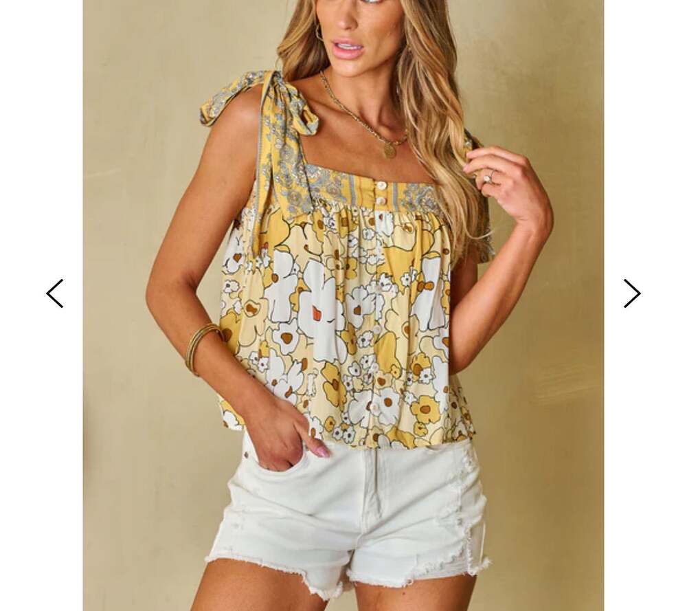 Womens Summer Boho Floral Tank Top Cute Beach Flowy Crop Blouse Top Yellow S